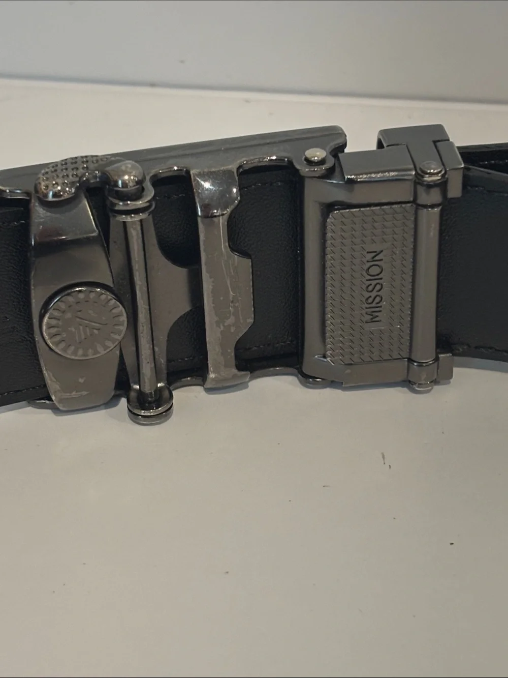 Mission Belt Men's Black Leather Ratchet Belt Gunmetal 44”-46”